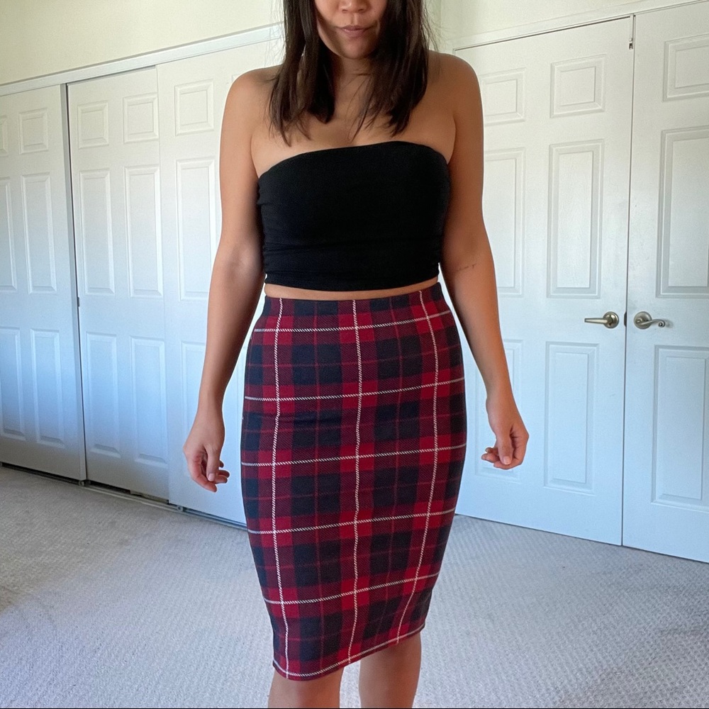 Zara TRF red plaid midi skirt